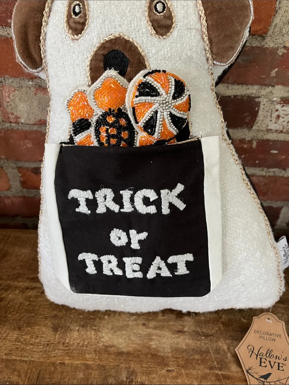 Decorative Halloween Trick or Treat Dog Pillow - White and Black